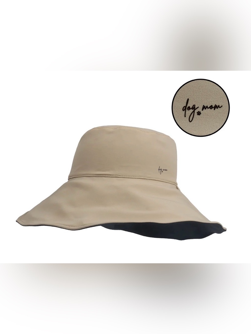 NWT Hatphile Dog Mom Khaki Beige Bucket Hat Adjustable Chin Strap Wide Brim Sun